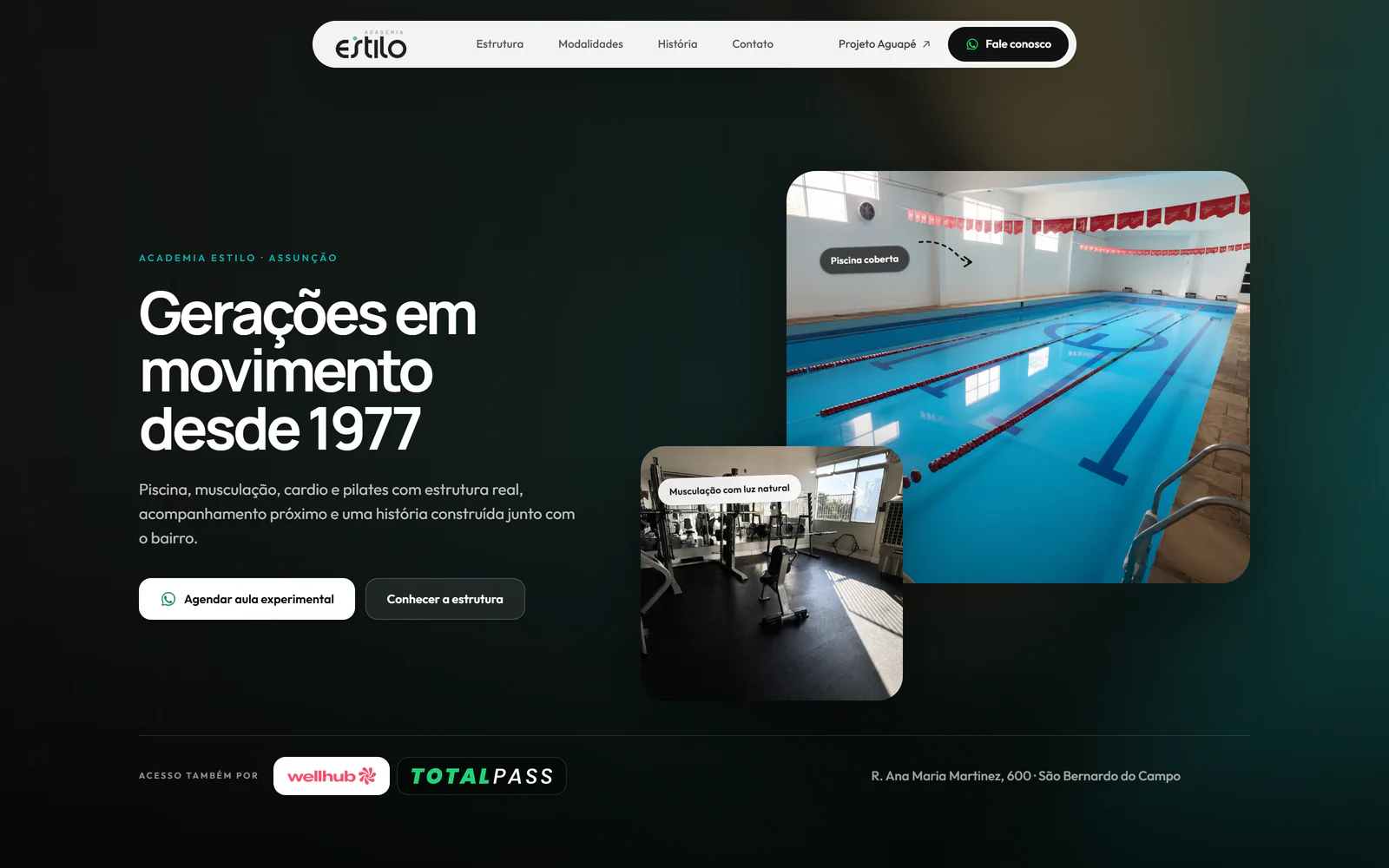Hero do site da Academia Estilo com piscina e identidade visual da marca