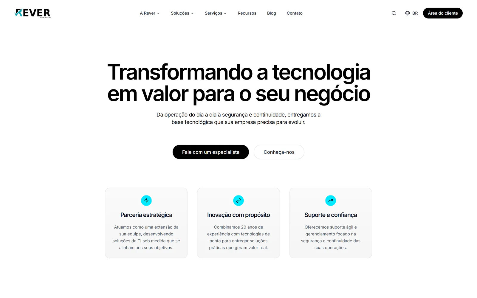 Página inicial real da Rever Tecnologia
